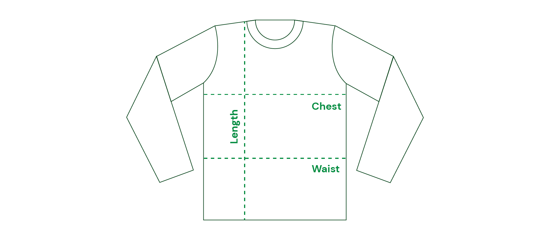Size guide diagram showing chest, length and waist measurement
