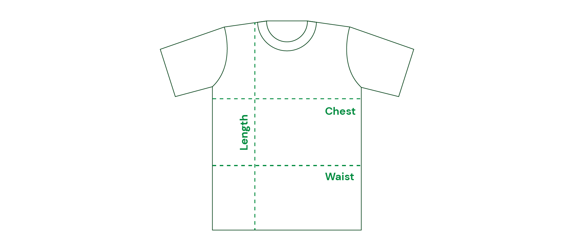 Size guide diagram showing chest, length and waist measurement